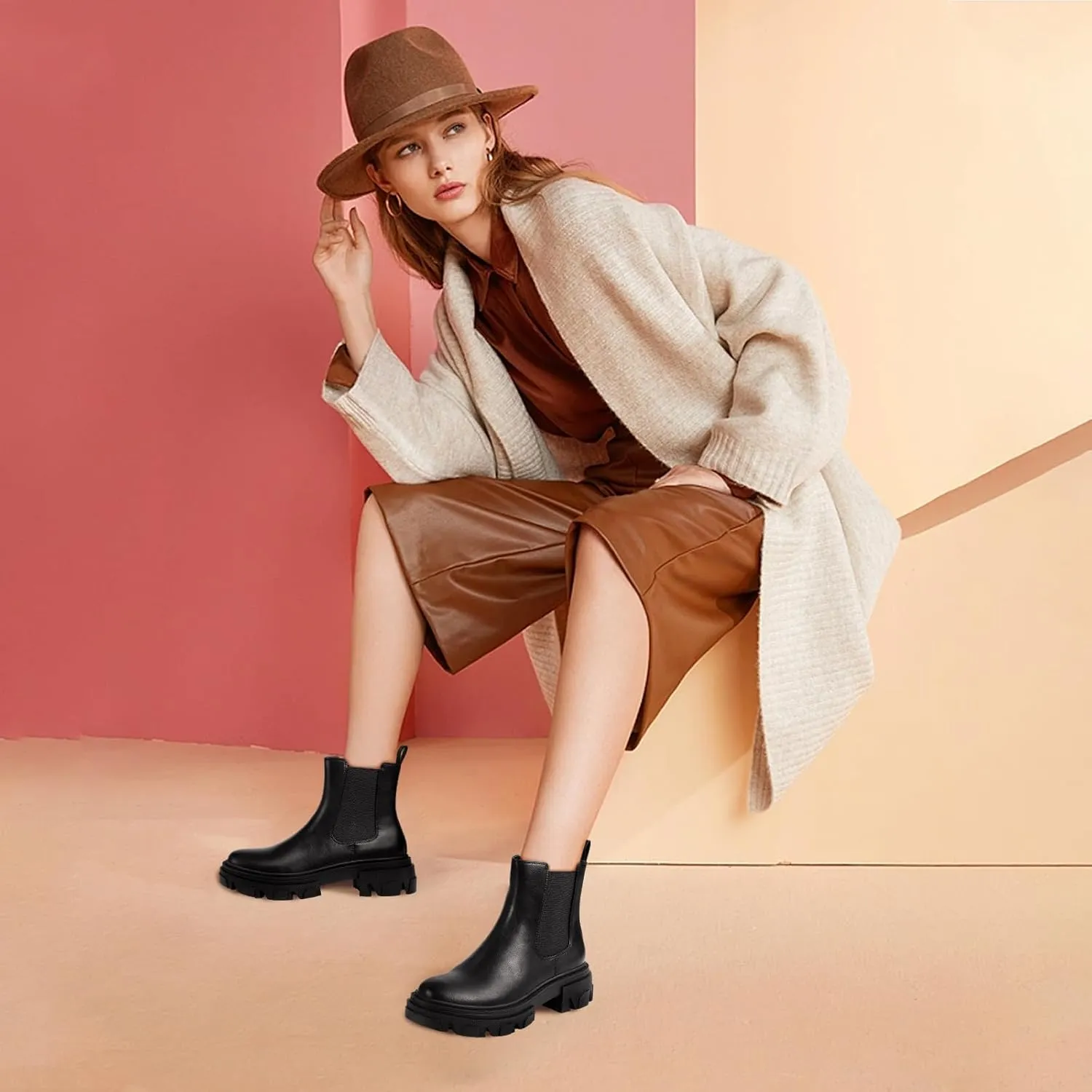 PIZZ ANNU Women's Dani Platform Chelsea Boots Fashion Lug Sole Combat Chunky Block Heel Slip on Elastic Gore Ankle Booties Shoes