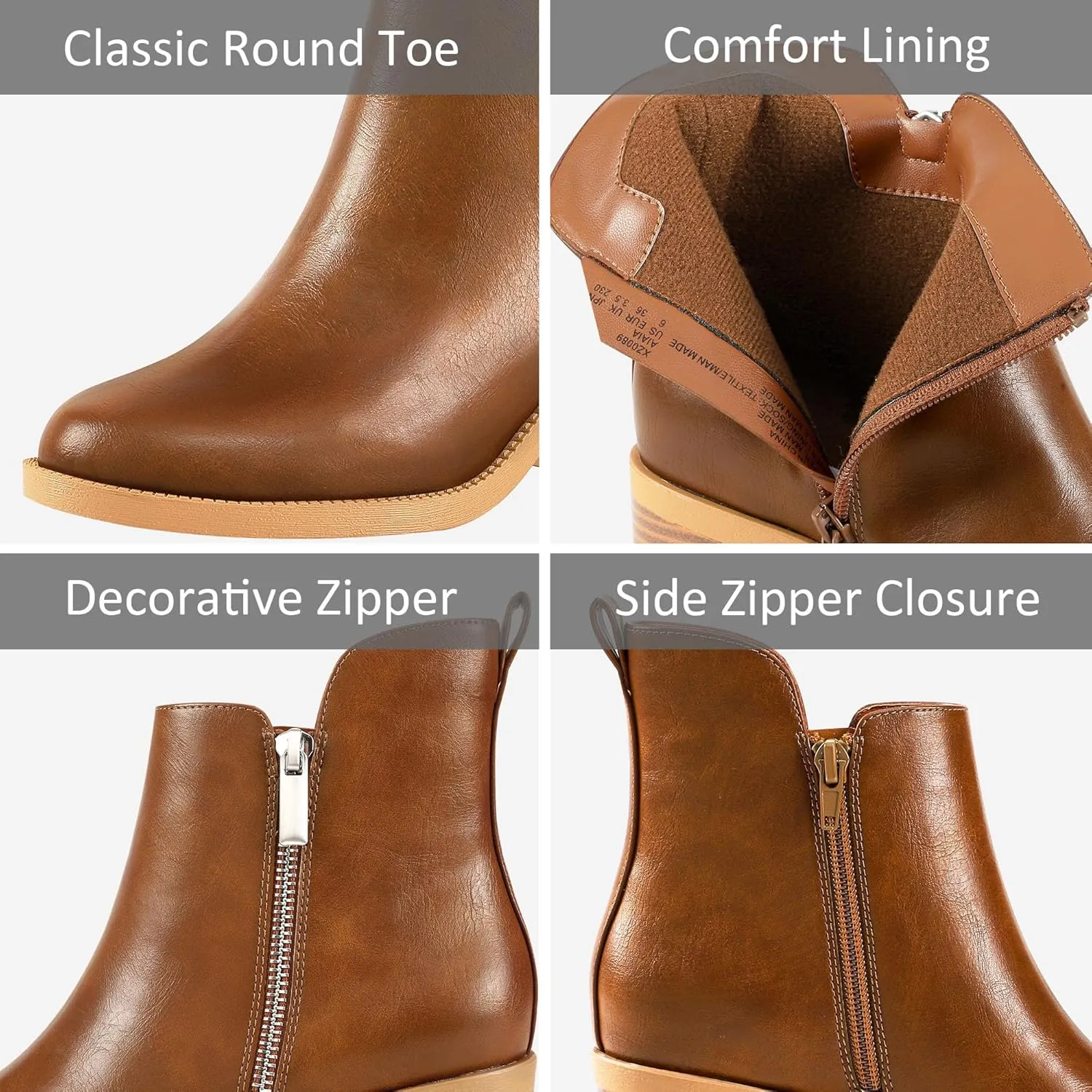 PIZZ ANNU Women's Fashion Ankle Boots Round Toe Low Chunky Block Heel Non-Slip Comfortable Short Boots Side Zipper Booties Shoes