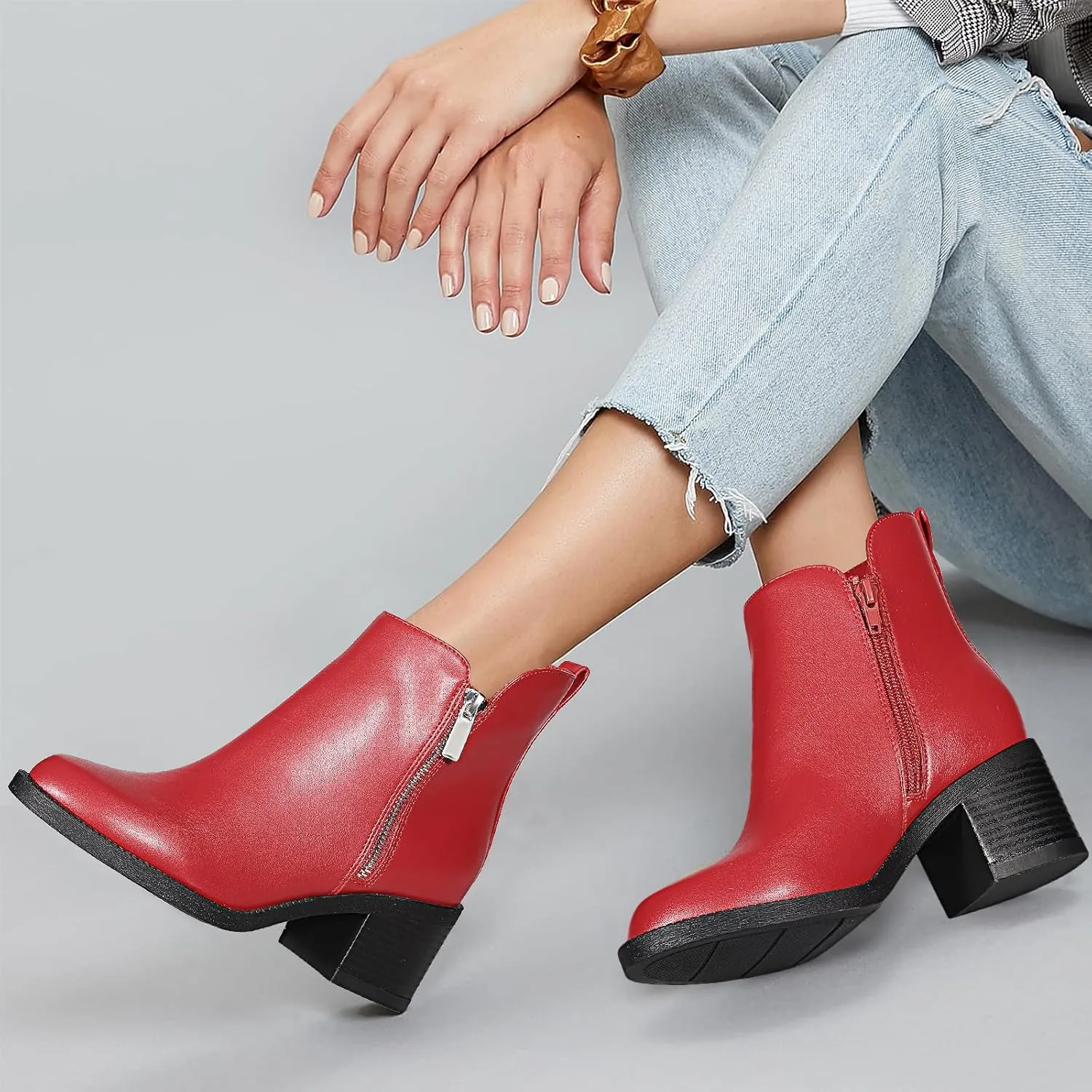 PIZZ ANNU Women's Fashion Ankle Boots Round Toe Low Chunky Block Heel Non-Slip Comfortable Short Boots Side Zipper Booties Shoes