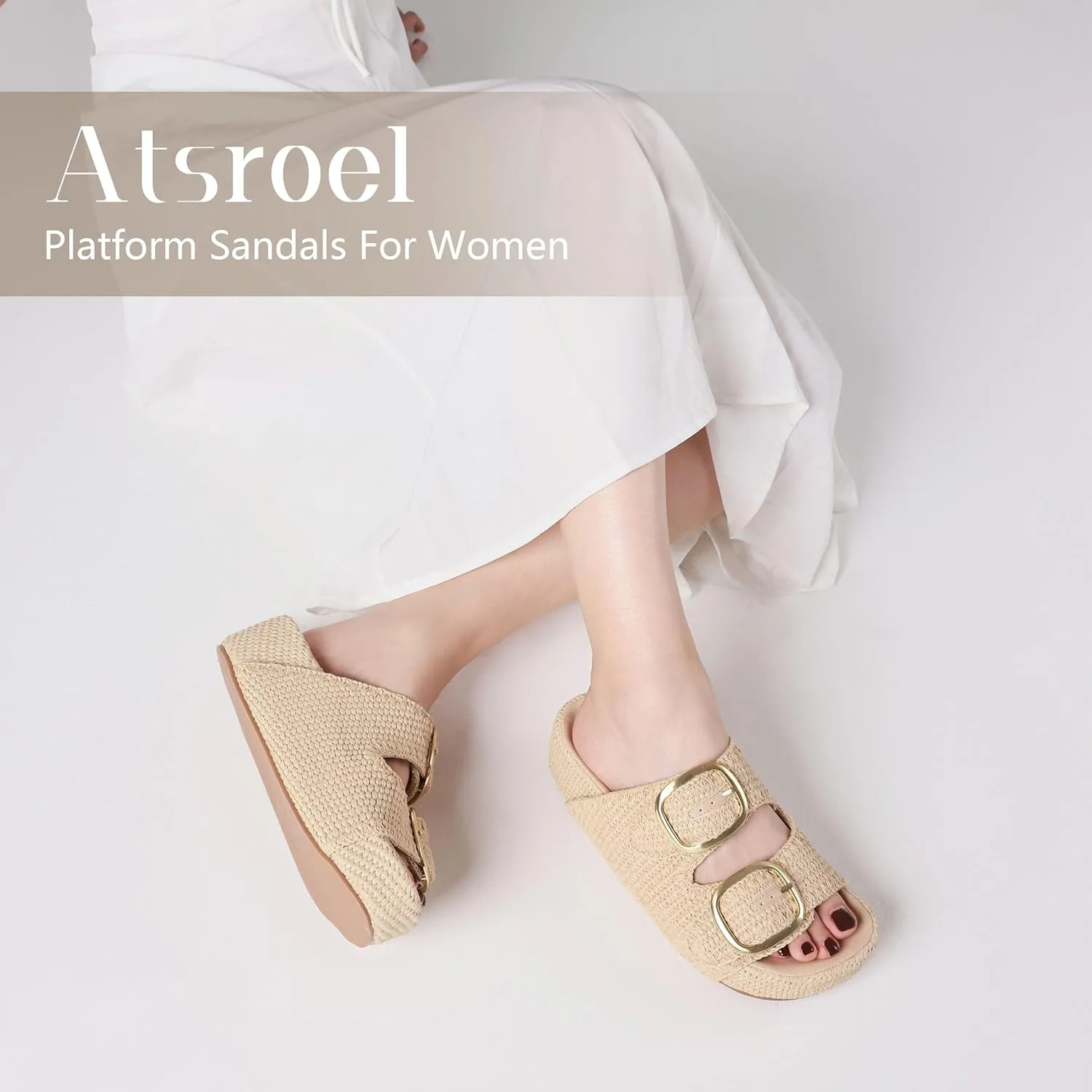 Platform Sandals For Women Raffia Espadrilles Open Toe Flatform Sandals Slip On Slide Sandals Casual Woven Sandals Summer Beach Sandals