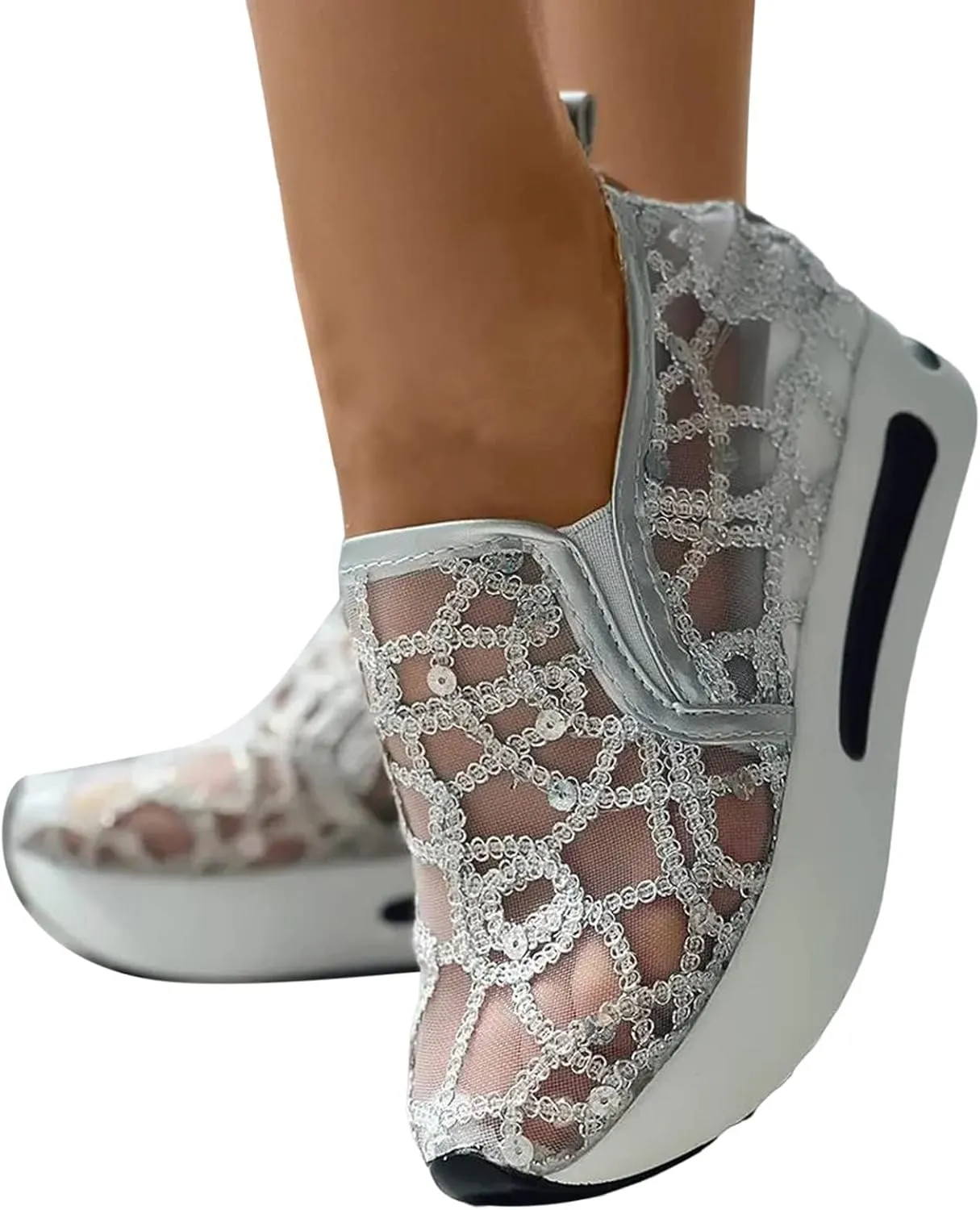 Platform Wedge Slip On for Women Fashion Bling Tennis Shoes Chunky Sole Hidden High Heels Sneakers Floral Breathable Embroidery Loafers Dressy Casual Shoes with Arch Support