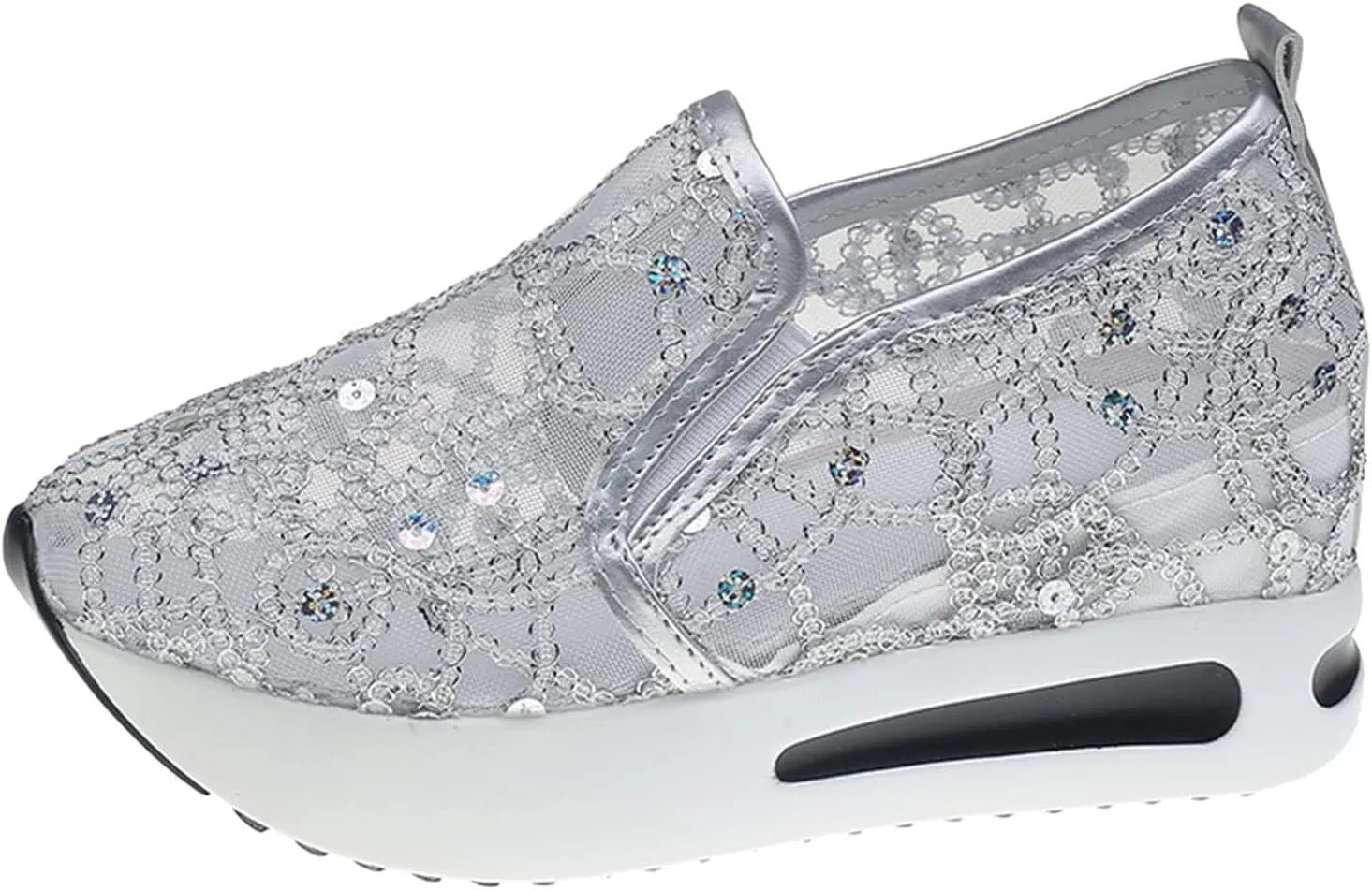 Platform Wedge Slip On for Women Fashion Bling Tennis Shoes Chunky Sole Hidden High Heels Sneakers Floral Breathable Embroidery Loafers Dressy Casual Shoes with Arch Support