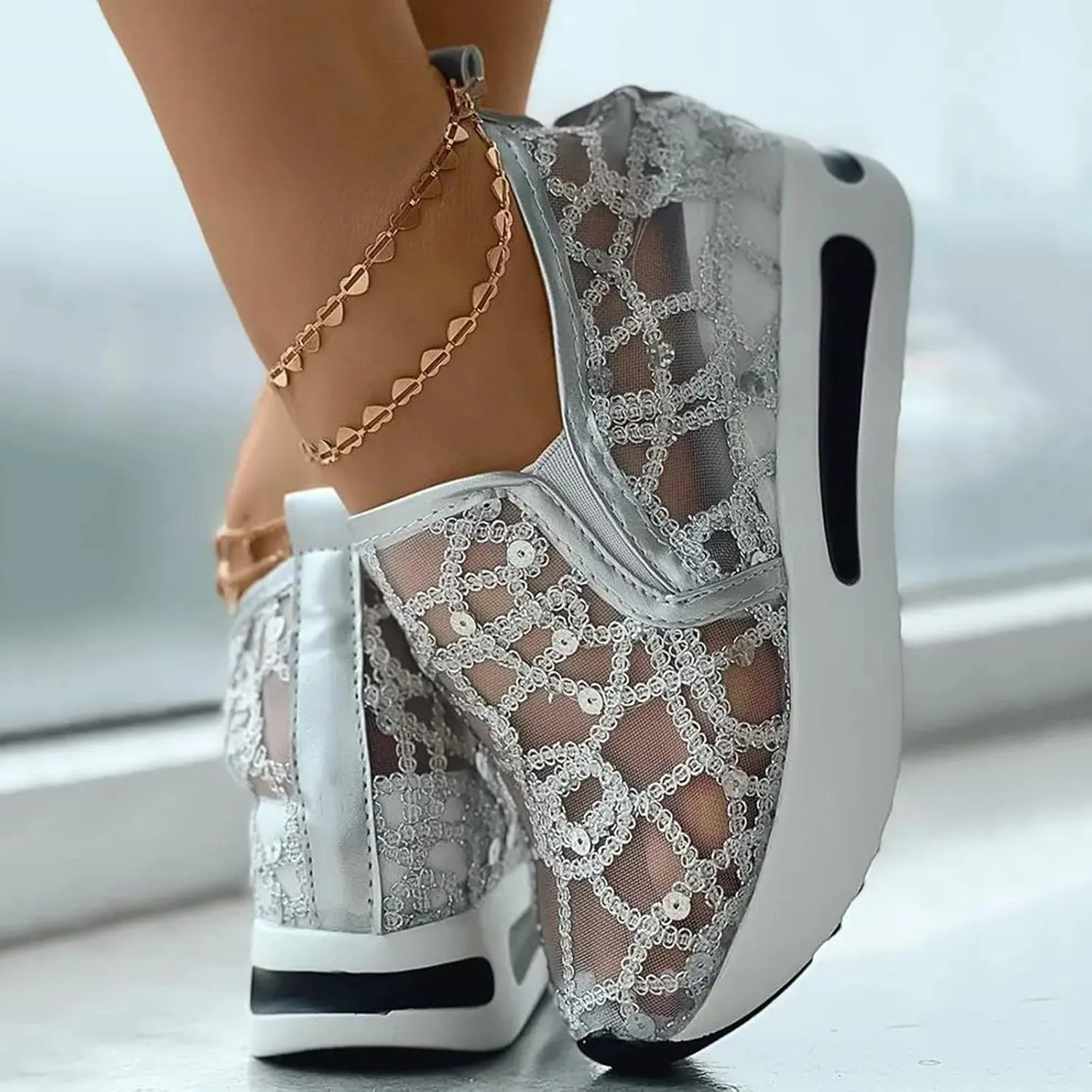 Platform Wedge Slip On for Women Fashion Bling Tennis Shoes Chunky Sole Hidden High Heels Sneakers Floral Breathable Embroidery Loafers Dressy Casual Shoes with Arch Support