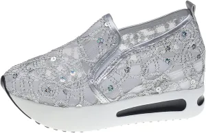Platform Wedge Slip On for Women Fashion Bling Tennis Shoes Chunky Sole Hidden High Heels Sneakers Floral Breathable Embroidery Loafers Dressy Casual Shoes with Arch Support