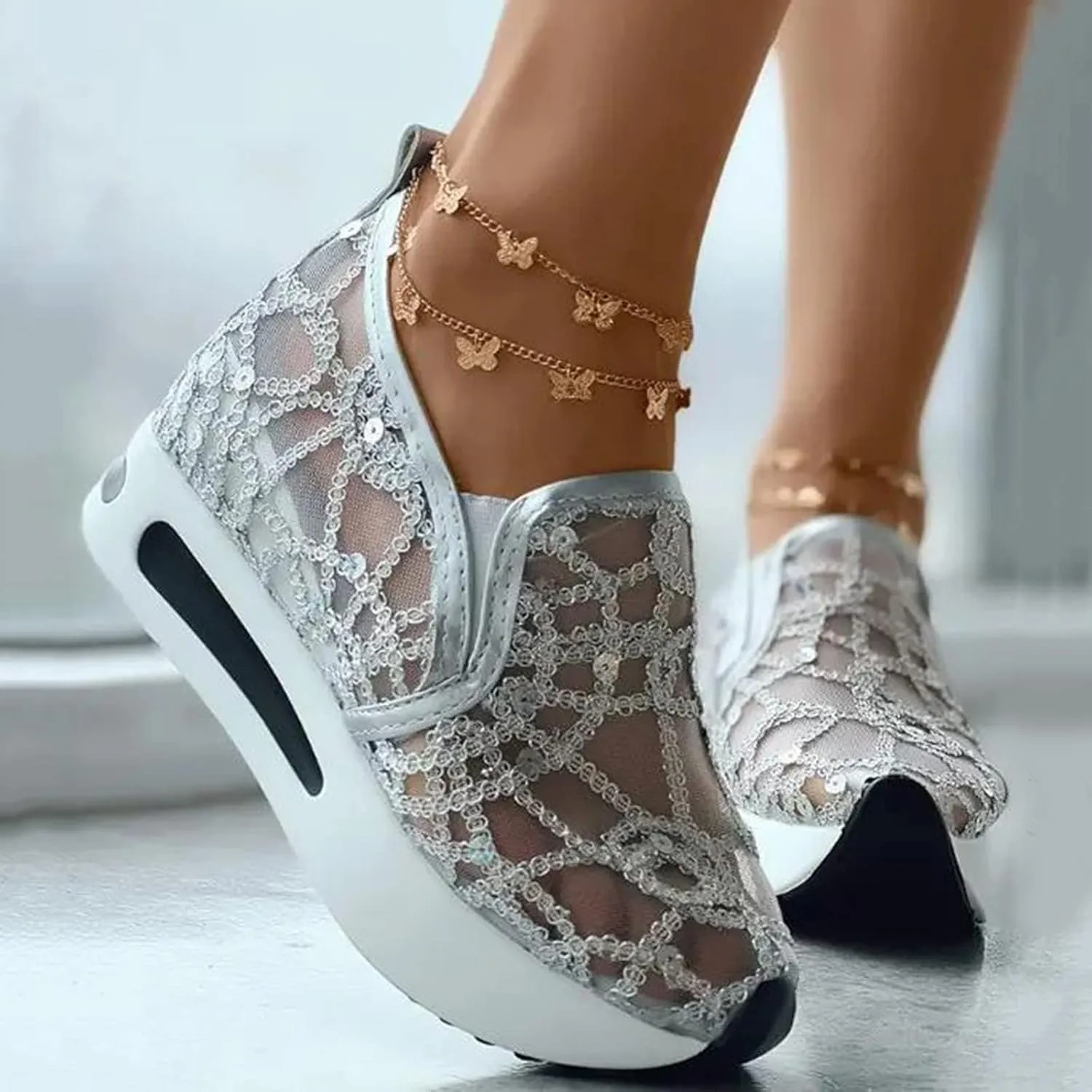 Platform Wedge Slip On for Women Fashion Bling Tennis Shoes Chunky Sole Hidden High Heels Sneakers Floral Breathable Embroidery Loafers Dressy Casual Shoes with Arch Support