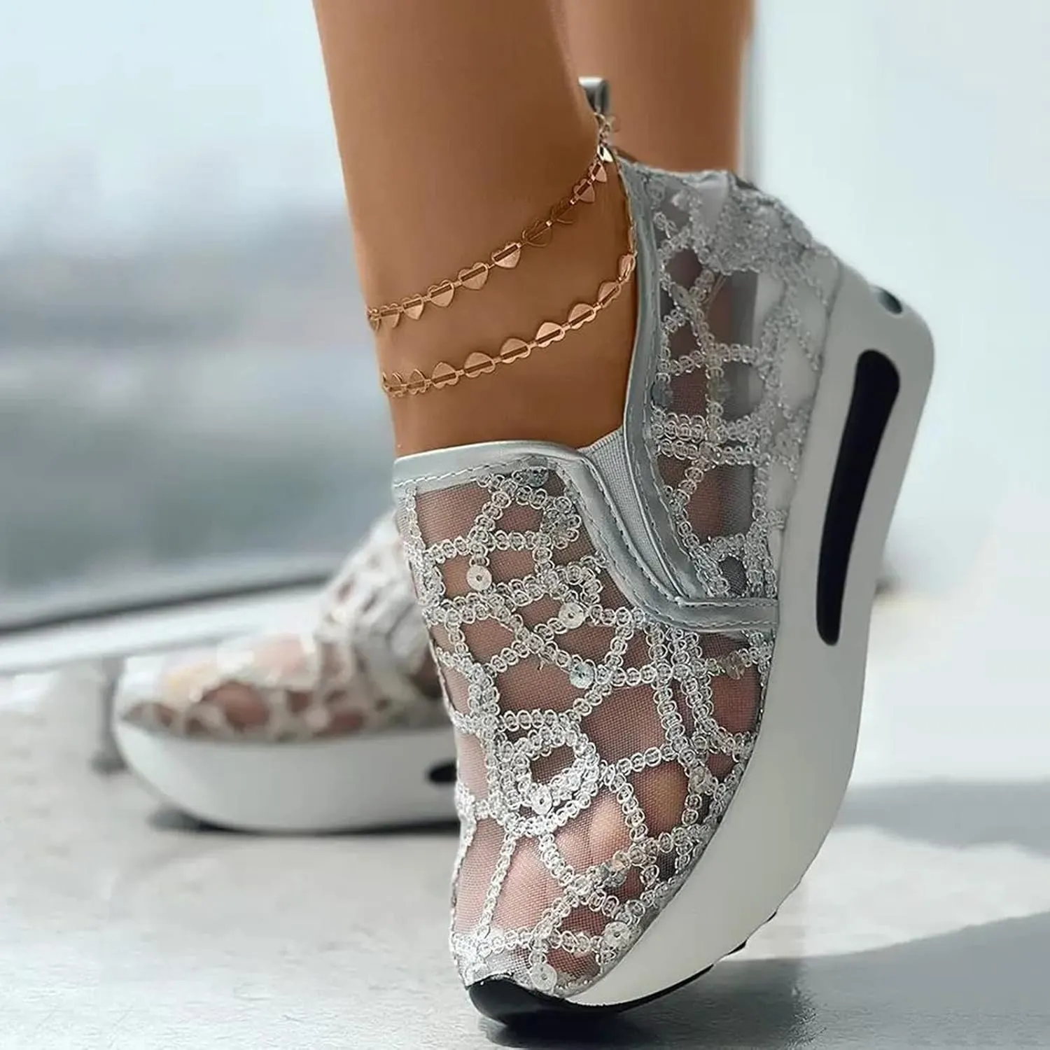 Platform Wedge Slip On for Women Fashion Bling Tennis Shoes Chunky Sole Hidden High Heels Sneakers Floral Breathable Embroidery Loafers Dressy Casual Shoes with Arch Support