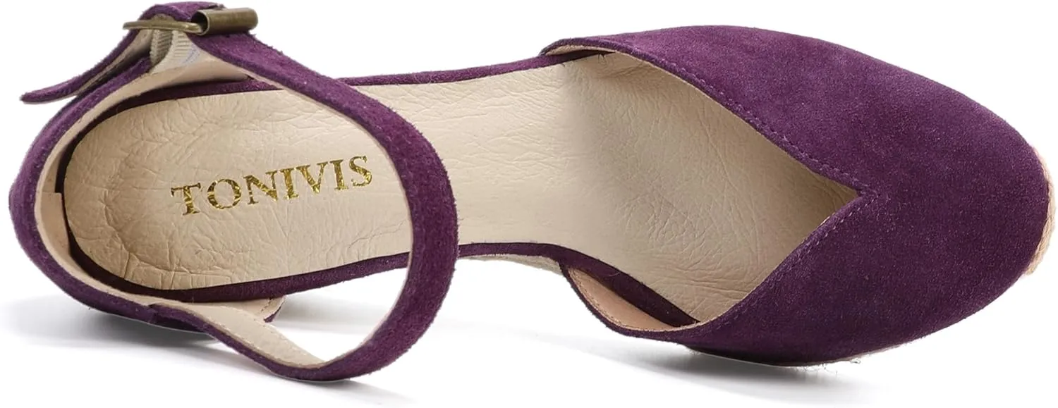 Platform Wedges Sandals for Women, 3" Wedge, Ankle-Strap, Cap Toe, Summer Espadrilles Heel Shoes