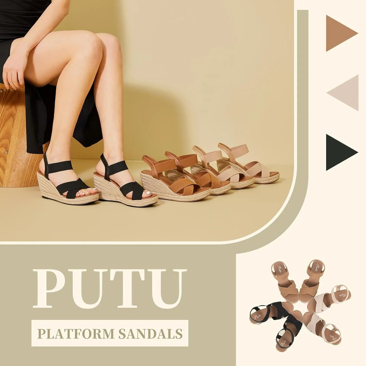 Putu Women's Espadrilles Wedge Sandals Elastic Ankle Strap Platform Sandals Open Toe Criss-cross Wedge Sandals