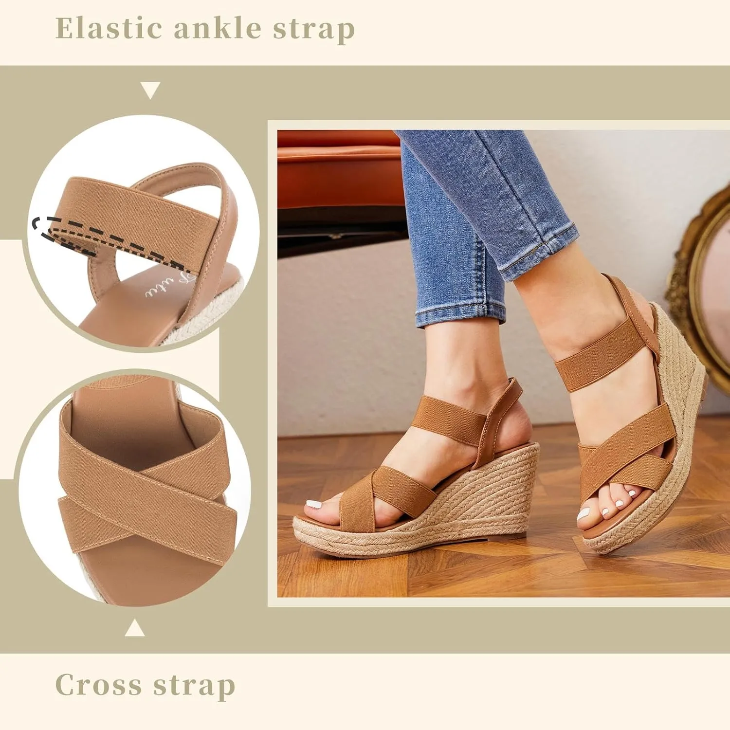 Putu Women's Espadrilles Wedge Sandals Elastic Ankle Strap Platform Sandals Open Toe Criss-cross Wedge Sandals