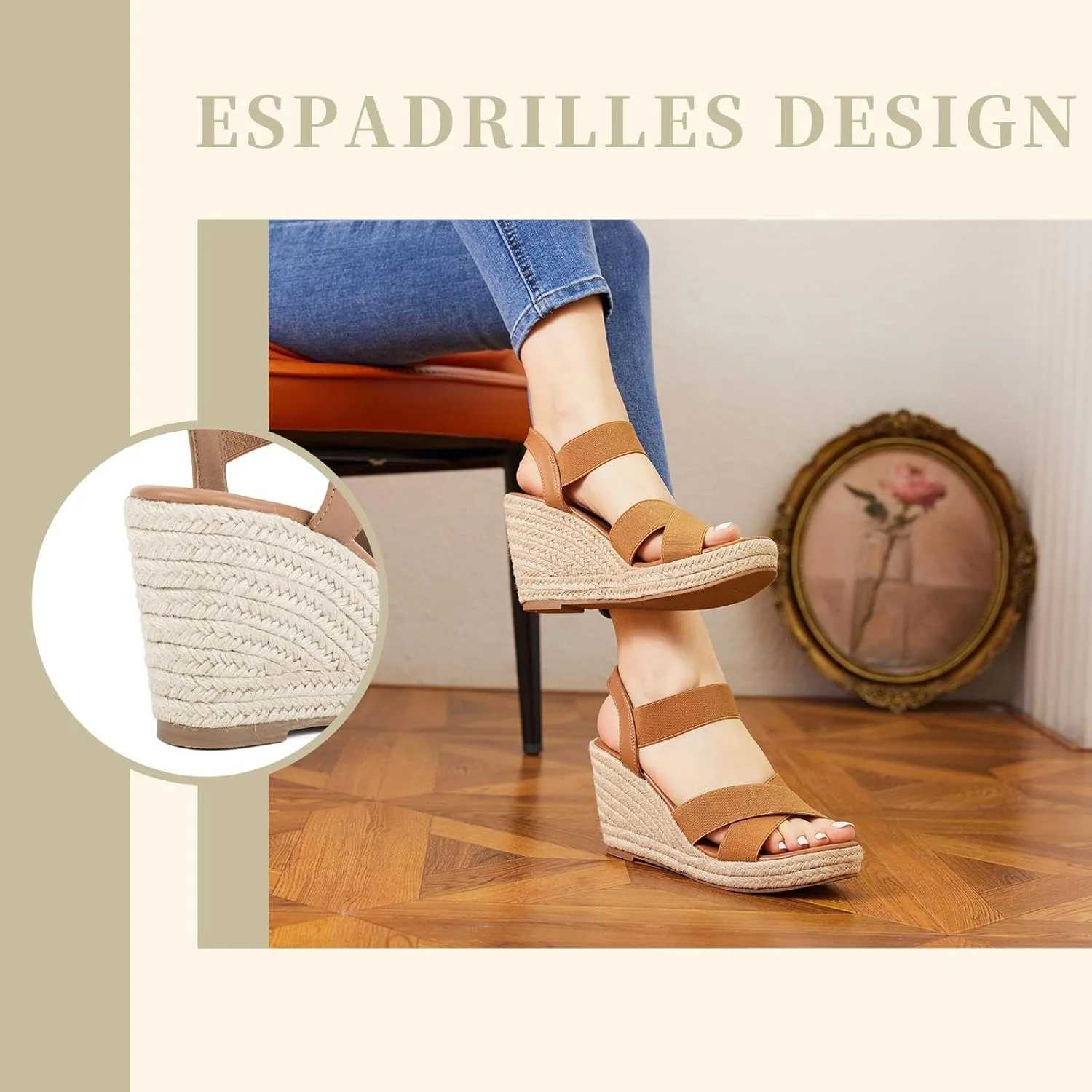 Putu Women's Espadrilles Wedge Sandals Elastic Ankle Strap Platform Sandals Open Toe Criss-cross Wedge Sandals