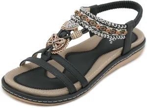 Qiucdzi Flat Sandals for Women Fashion Summer Comfortable Slip-on Casual Beach Shoes Dress Strap Elastic Sandals for lady