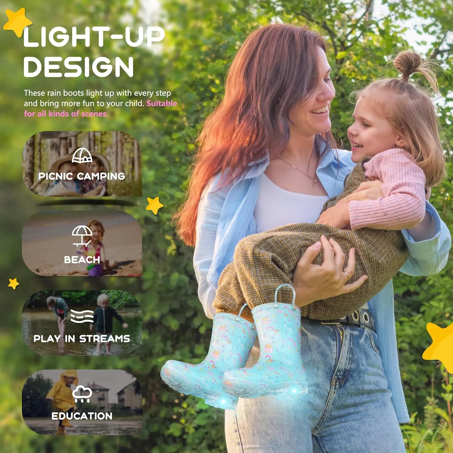 Rain Boots for Girls Toddlers - Light Up Kids Rainboots Boots Waterproof Lightweight Rain Shoes with Handles (Toddler/Little/Big kids)