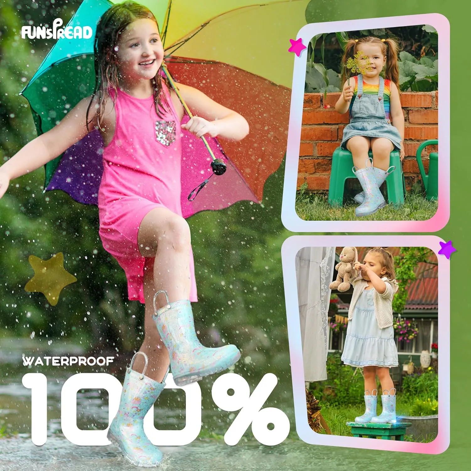 Rain Boots for Girls Toddlers - Light Up Kids Rainboots Boots Waterproof Lightweight Rain Shoes with Handles (Toddler/Little/Big kids)