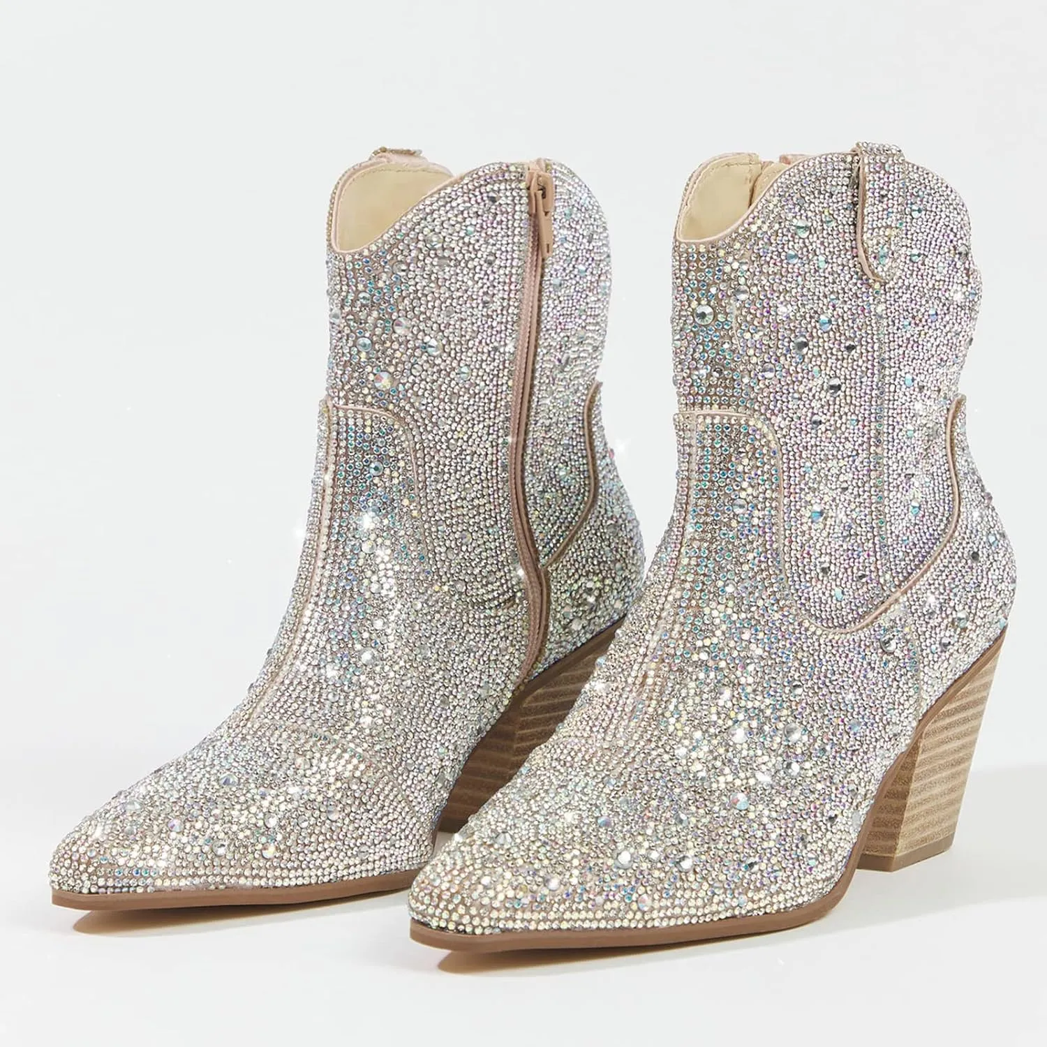 Rhinestone Booties for Women, Sparkly Cowgirl Boots Pointed Toe Chunky Heel Rhinestone Cowboy Ankle Booties