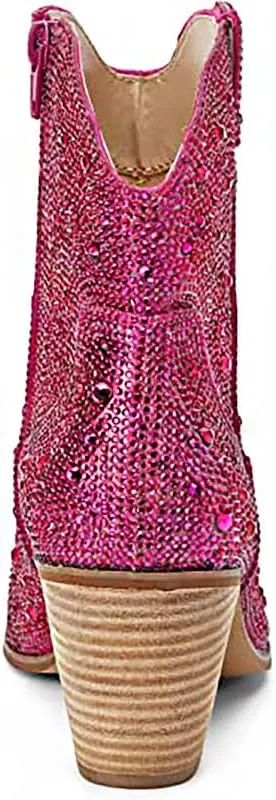 Rhinestone Booties for Women, Sparkly Cowgirl Boots Pointed Toe Chunky Heel Rhinestone Cowboy Ankle Booties