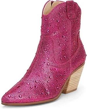 Rhinestone Booties for Women, Sparkly Cowgirl Boots Pointed Toe Chunky Heel Rhinestone Cowboy Ankle Booties