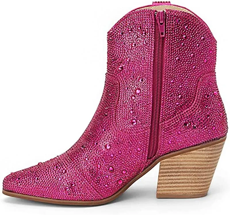 Rhinestone Booties for Women, Sparkly Cowgirl Boots Pointed Toe Chunky Heel Rhinestone Cowboy Ankle Booties
