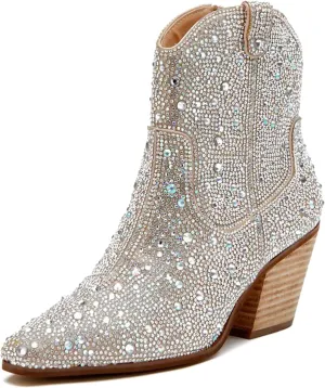Rhinestone Booties for Women, Sparkly Cowgirl Boots Pointed Toe Chunky Heel Rhinestone Cowboy Ankle Booties