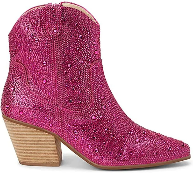 Rhinestone Booties for Women, Sparkly Cowgirl Boots Pointed Toe Chunky Heel Rhinestone Cowboy Ankle Booties
