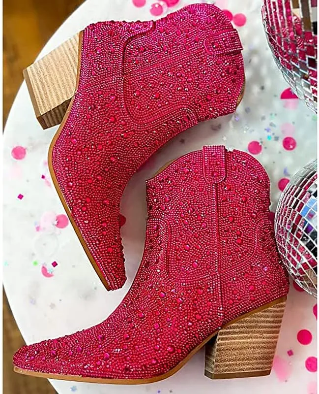 Rhinestone Booties for Women, Sparkly Cowgirl Boots Pointed Toe Chunky Heel Rhinestone Cowboy Ankle Booties