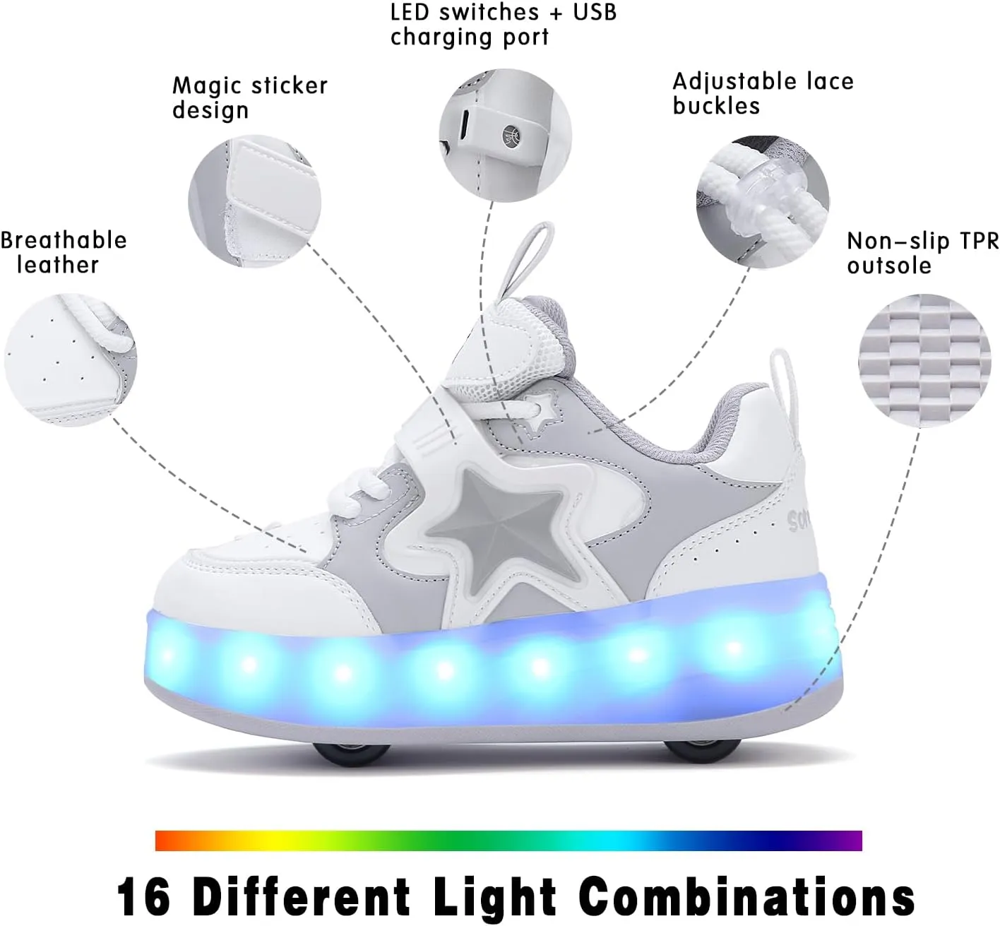 Roller Shoes with 16 LED Combinations for Girls Boys Roller Sneakers with 4-Wheels USB Rechargeable for Christmas Birthday Children Party Show Gift