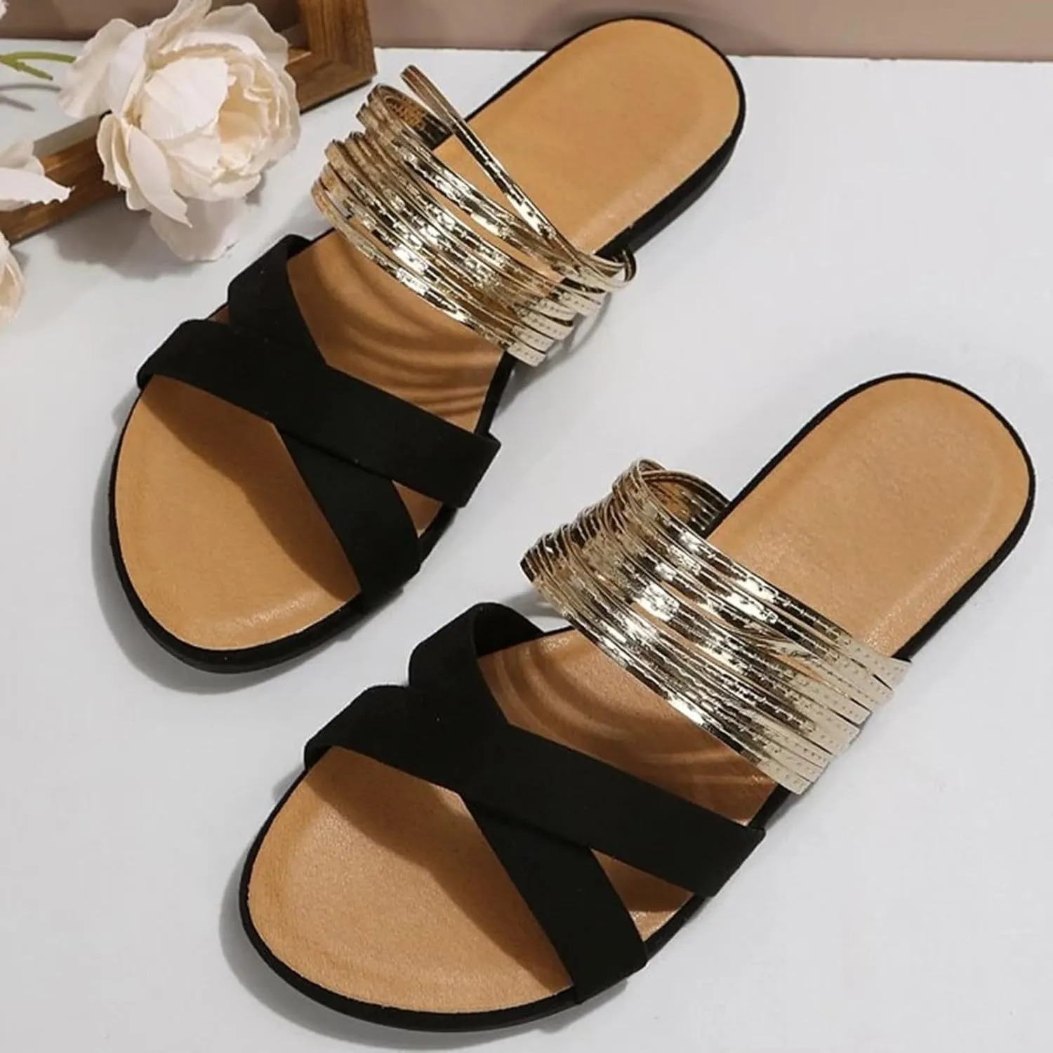 Sandals Women Open Toe Yoga Foam Non-Slip Shining Womens Sandals Unique Style Design Soft Comfortable Footbed Sandals