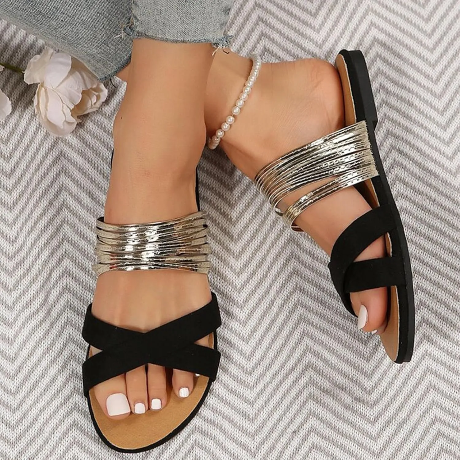Sandals Women Open Toe Yoga Foam Non-Slip Shining Womens Sandals Unique Style Design Soft Comfortable Footbed Sandals