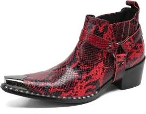 Santimon Chelsea Boots Men Casual Party Dress Genuine Leather Metal Pointed Toe Silp On Snake Print Cowboy Boots Fashion Buckle Ankle Western Boots for Men