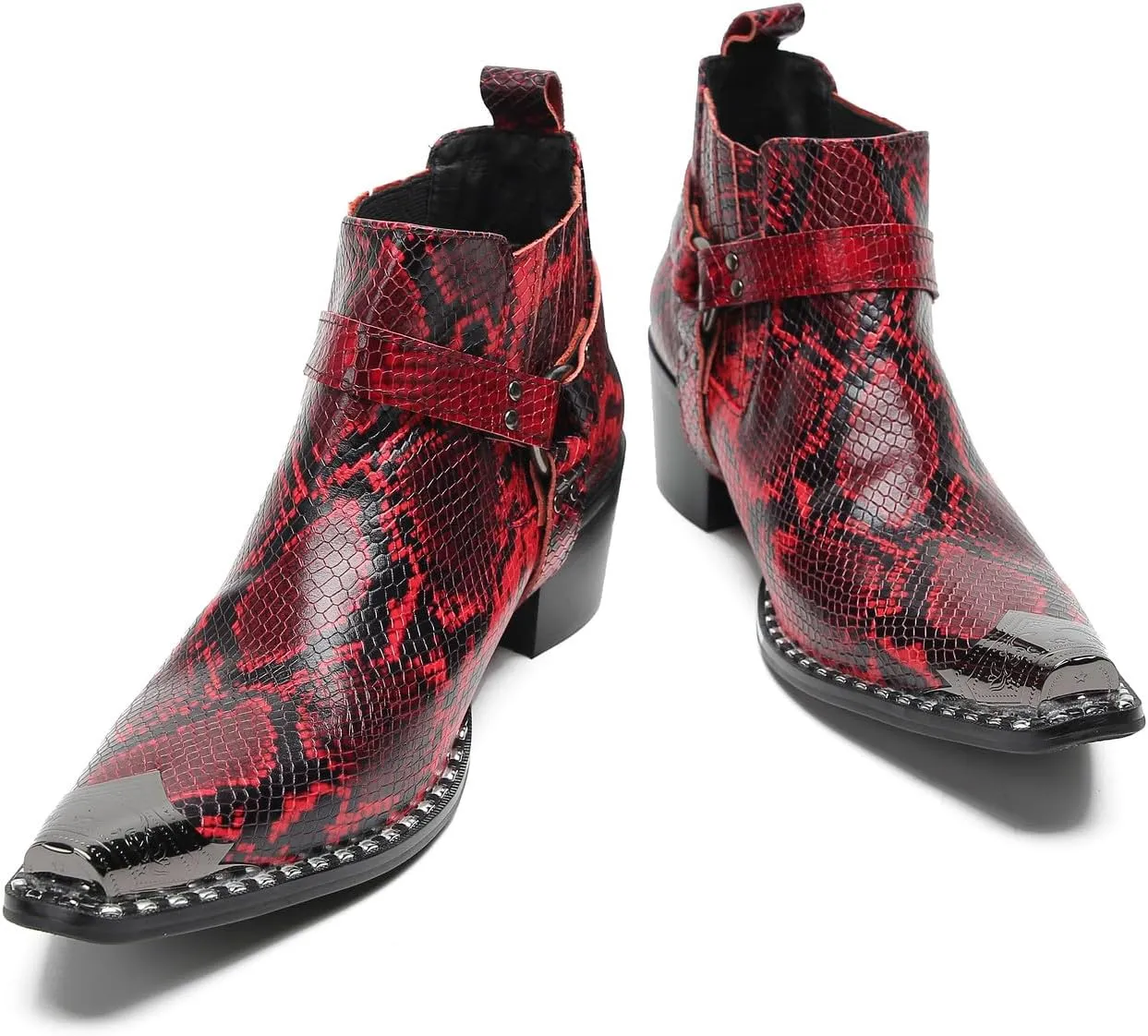 Santimon Chelsea Boots Men Casual Party Dress Genuine Leather Metal Pointed Toe Silp On Snake Print Cowboy Boots Fashion Buckle Ankle Western Boots for Men