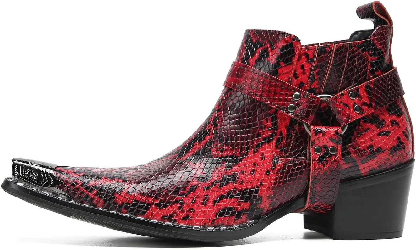 Santimon Chelsea Boots Men Casual Party Dress Genuine Leather Metal Pointed Toe Silp On Snake Print Cowboy Boots Fashion Buckle Ankle Western Boots for Men