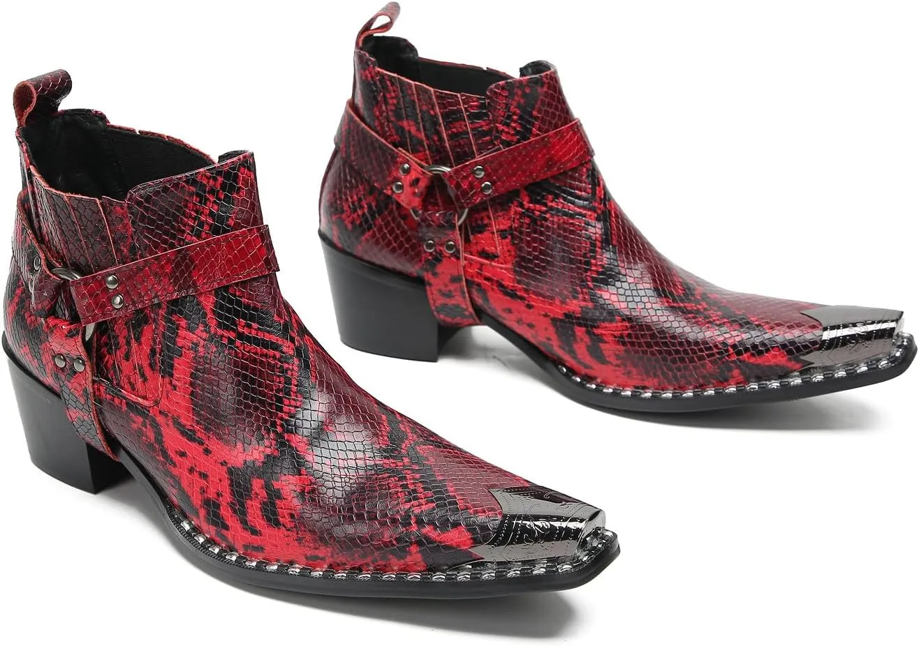 Santimon Chelsea Boots Men Casual Party Dress Genuine Leather Metal Pointed Toe Silp On Snake Print Cowboy Boots Fashion Buckle Ankle Western Boots for Men