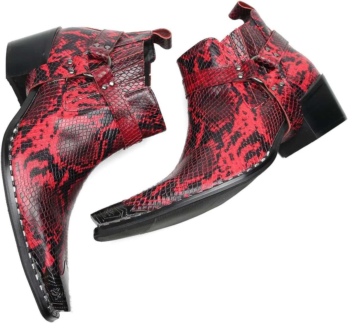 Santimon Chelsea Boots Men Casual Party Dress Genuine Leather Metal Pointed Toe Silp On Snake Print Cowboy Boots Fashion Buckle Ankle Western Boots for Men