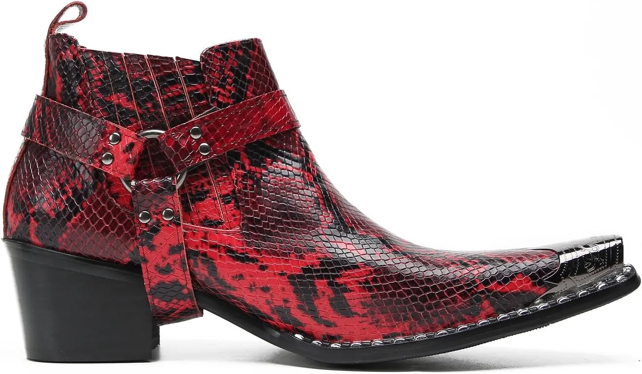 Santimon Chelsea Boots Men Casual Party Dress Genuine Leather Metal Pointed Toe Silp On Snake Print Cowboy Boots Fashion Buckle Ankle Western Boots for Men