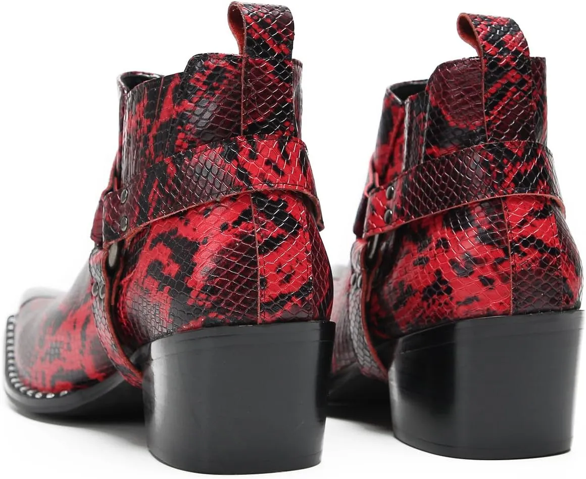 Santimon Chelsea Boots Men Casual Party Dress Genuine Leather Metal Pointed Toe Silp On Snake Print Cowboy Boots Fashion Buckle Ankle Western Boots for Men