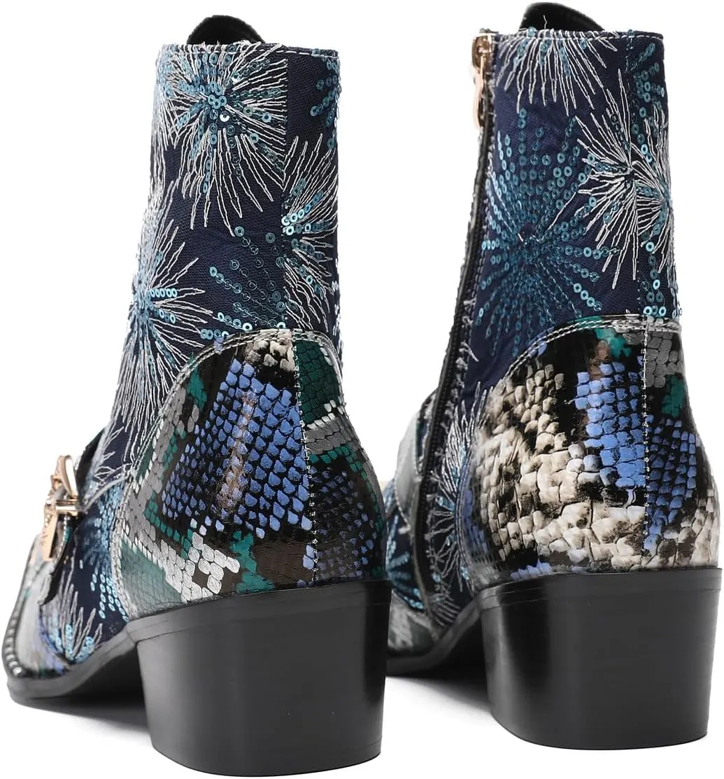 Santimon Cowboy Boots for Men Casual Dress Motorcycle Boots Genuine Leather Metal Pointed Toe Oxfords Boots Shining Sequins Fashion Belt Buckle Party Disco Singer Western Boots for Men