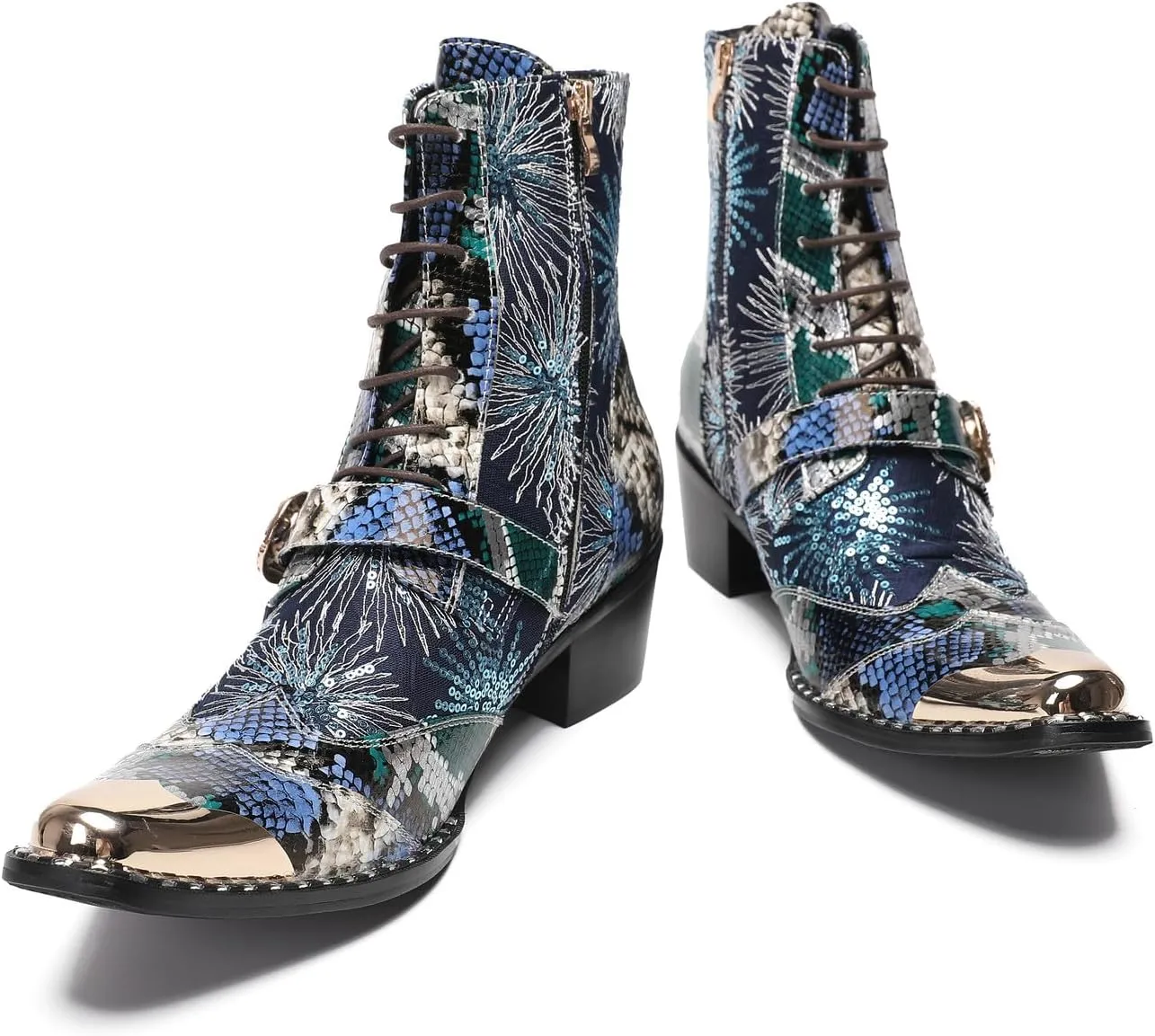 Santimon Cowboy Boots for Men Casual Dress Motorcycle Boots Genuine Leather Metal Pointed Toe Oxfords Boots Shining Sequins Fashion Belt Buckle Party Disco Singer Western Boots for Men