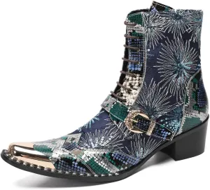 Santimon Cowboy Boots for Men Casual Dress Motorcycle Boots Genuine Leather Metal Pointed Toe Oxfords Boots Shining Sequins Fashion Belt Buckle Party Disco Singer Western Boots for Men
