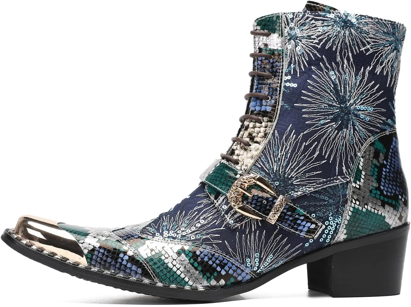 Santimon Cowboy Boots for Men Casual Dress Motorcycle Boots Genuine Leather Metal Pointed Toe Oxfords Boots Shining Sequins Fashion Belt Buckle Party Disco Singer Western Boots for Men