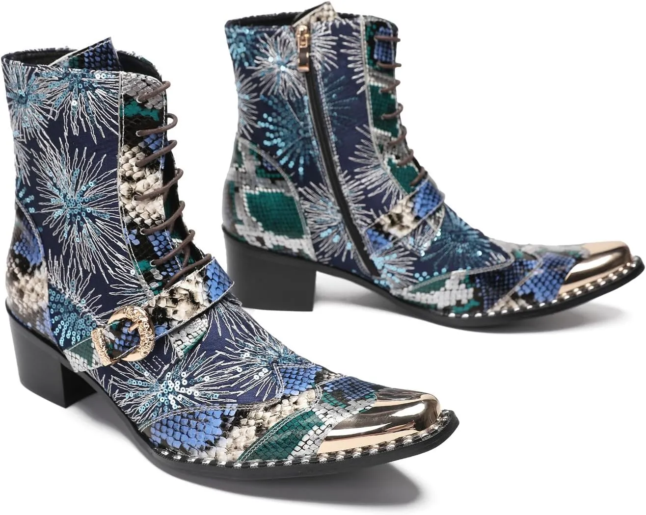Santimon Cowboy Boots for Men Casual Dress Motorcycle Boots Genuine Leather Metal Pointed Toe Oxfords Boots Shining Sequins Fashion Belt Buckle Party Disco Singer Western Boots for Men