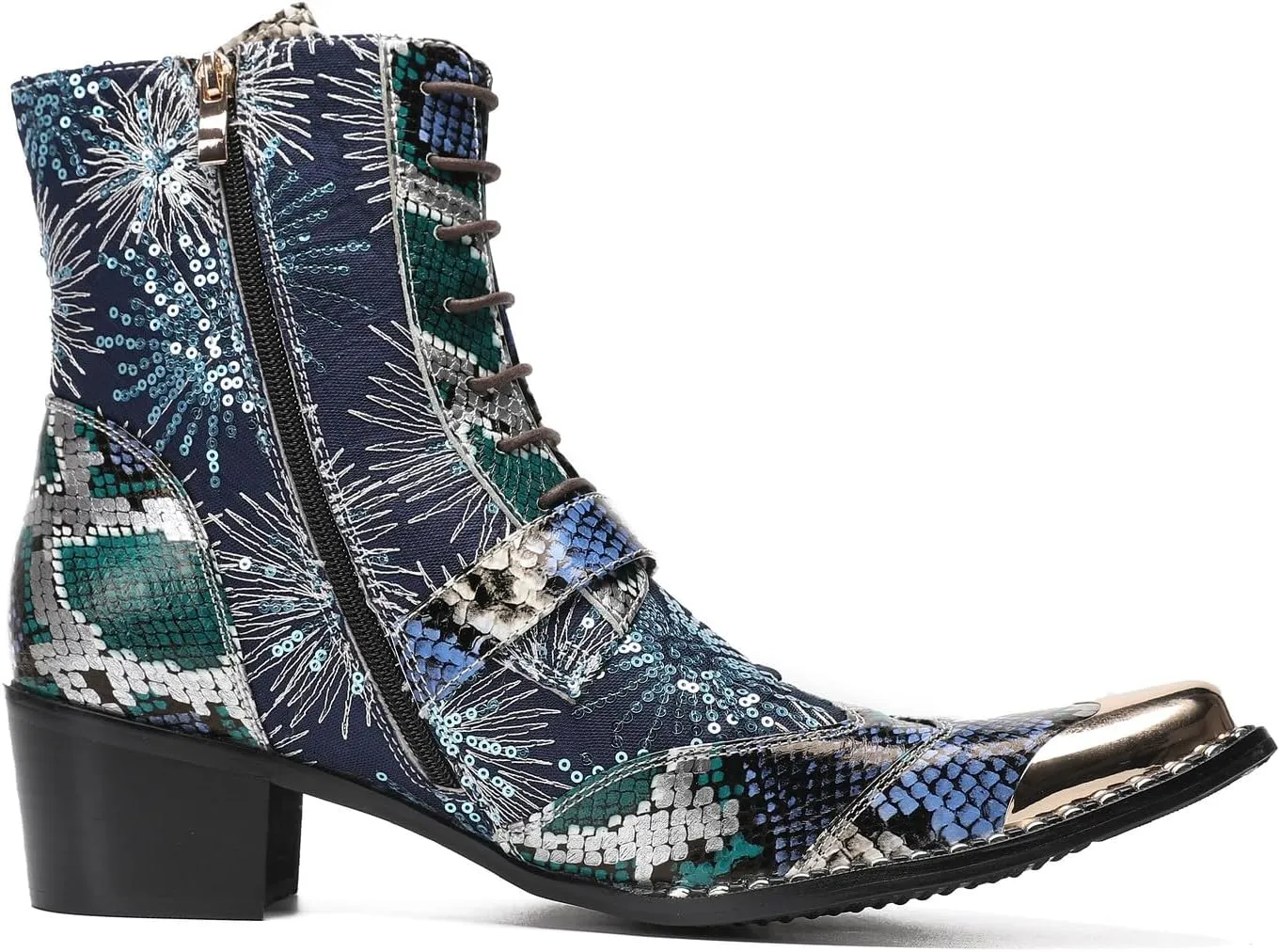 Santimon Cowboy Boots for Men Casual Dress Motorcycle Boots Genuine Leather Metal Pointed Toe Oxfords Boots Shining Sequins Fashion Belt Buckle Party Disco Singer Western Boots for Men