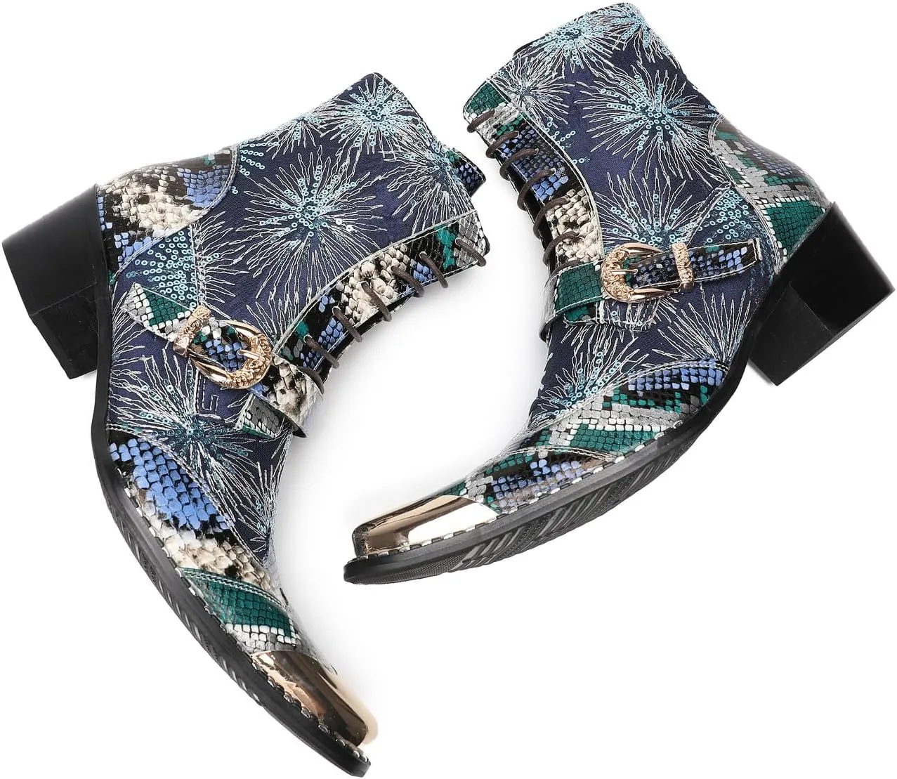 Santimon Cowboy Boots for Men Casual Dress Motorcycle Boots Genuine Leather Metal Pointed Toe Oxfords Boots Shining Sequins Fashion Belt Buckle Party Disco Singer Western Boots for Men