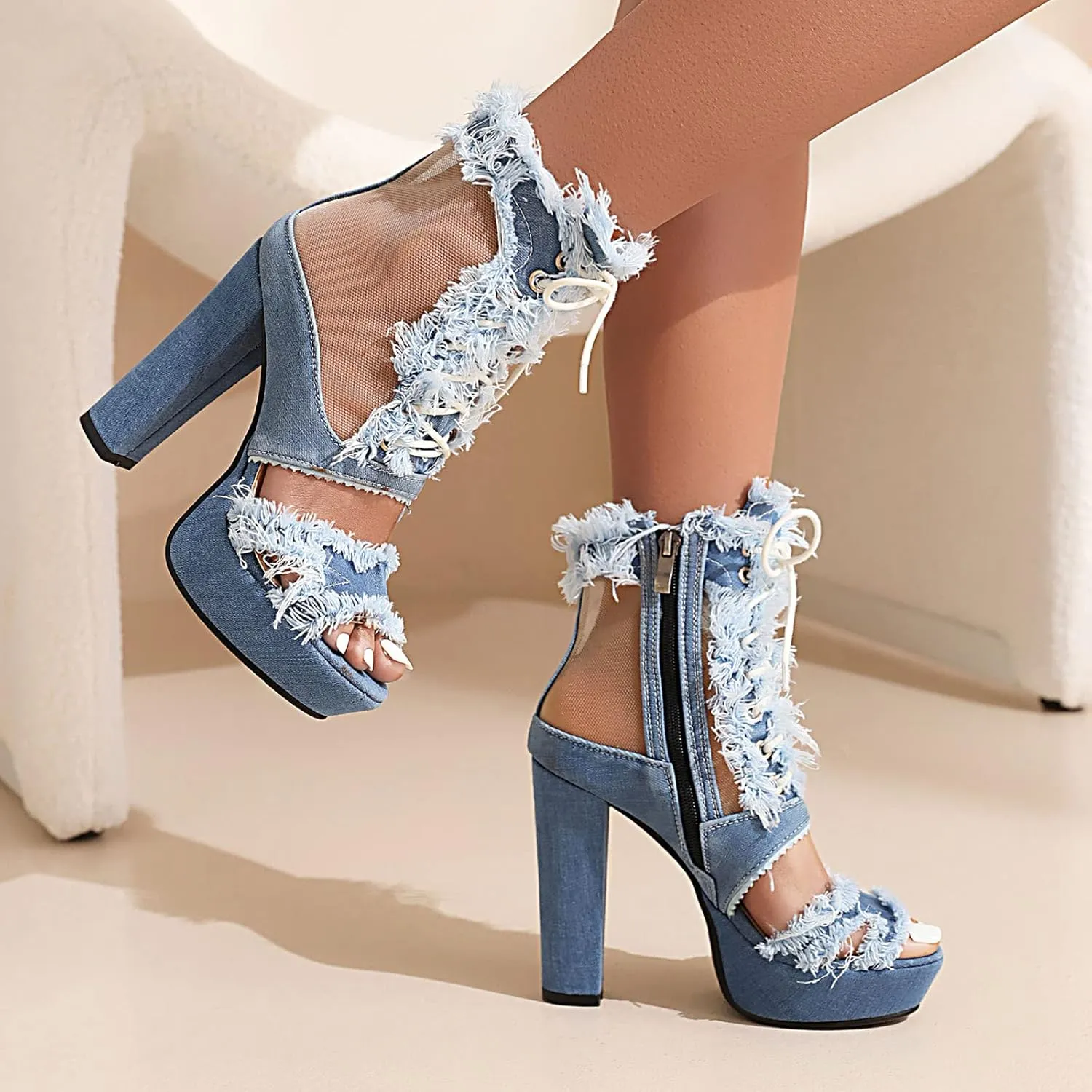 SaraIris Women's Ankle strap Stiletto Peep Toe Back Zipper High Heels Denim Sandals Casual Daily Shoes