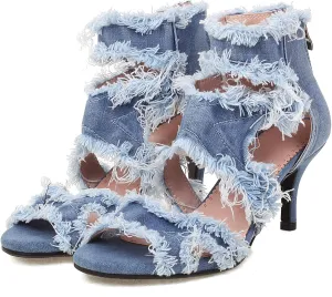 SaraIris Women's Ankle strap Stiletto Peep Toe Back Zipper High Heels Denim Sandals Casual Daily Shoes