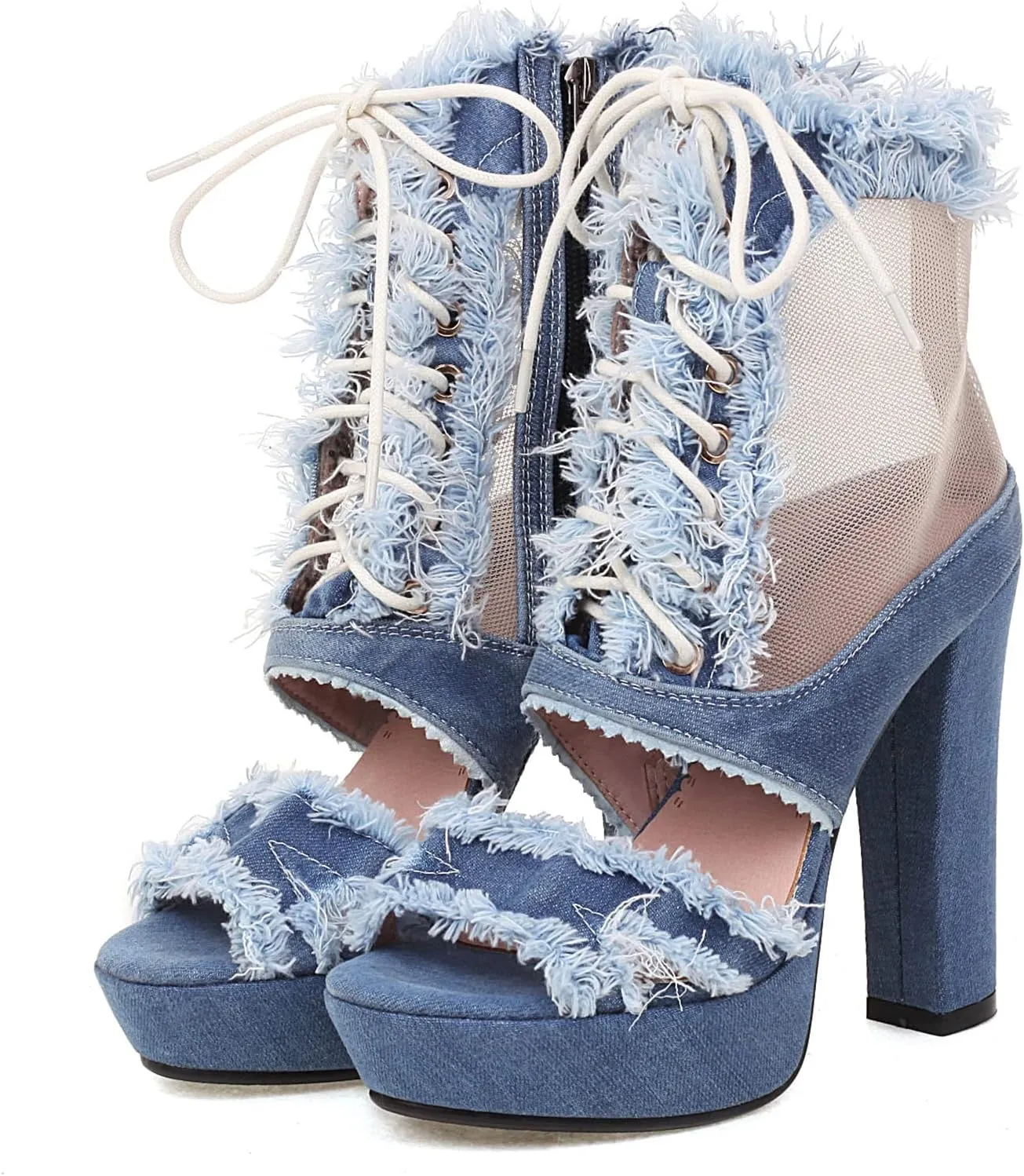 SaraIris Women's Ankle strap Stiletto Peep Toe Back Zipper High Heels Denim Sandals Casual Daily Shoes