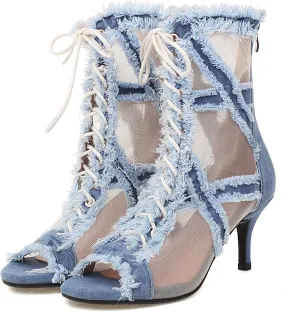SaraIris Women's Ankle strap Stiletto Peep Toe Back Zipper High Heels Denim Sandals Casual Daily Shoes
