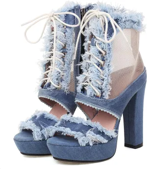 SaraIris Women's Ankle strap Stiletto Peep Toe Back Zipper High Heels Denim Sandals Casual Daily Shoes