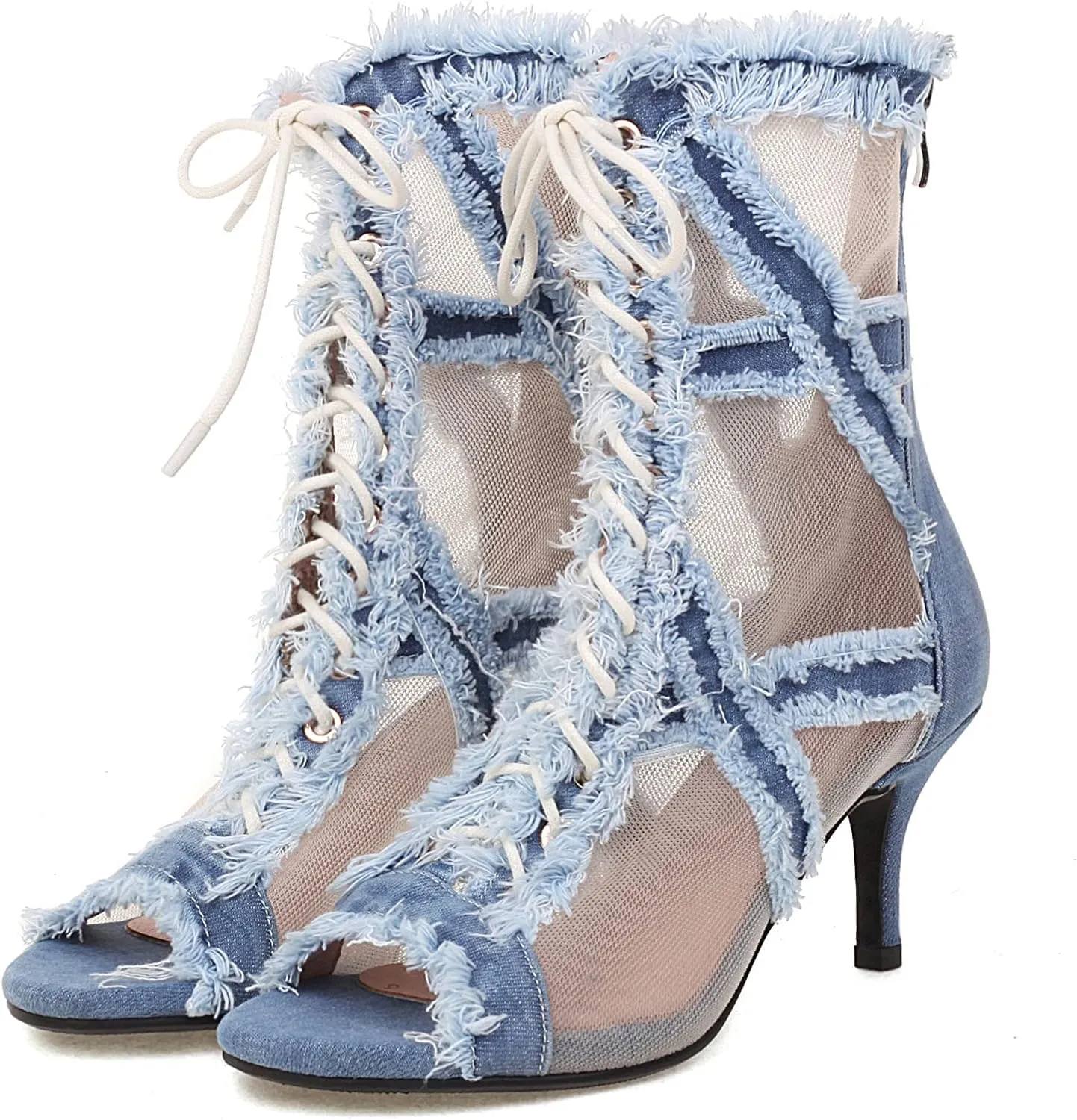SaraIris Women's Ankle strap Stiletto Peep Toe Back Zipper High Heels Denim Sandals Casual Daily Shoes