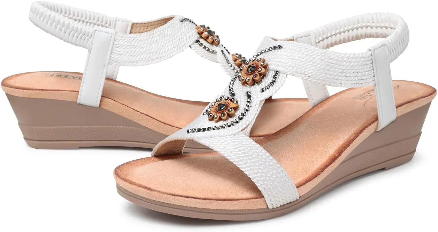 SHIBEVER Womens Sandals Wedge Low: Open Toe Elastic Ankle Strap Wedge Sandal - Dressy Sandals Women - Comfortable Summer