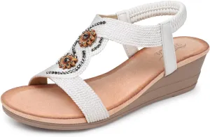 SHIBEVER Womens Sandals Wedge Low: Open Toe Elastic Ankle Strap Wedge Sandal - Dressy Sandals Women - Comfortable Summer