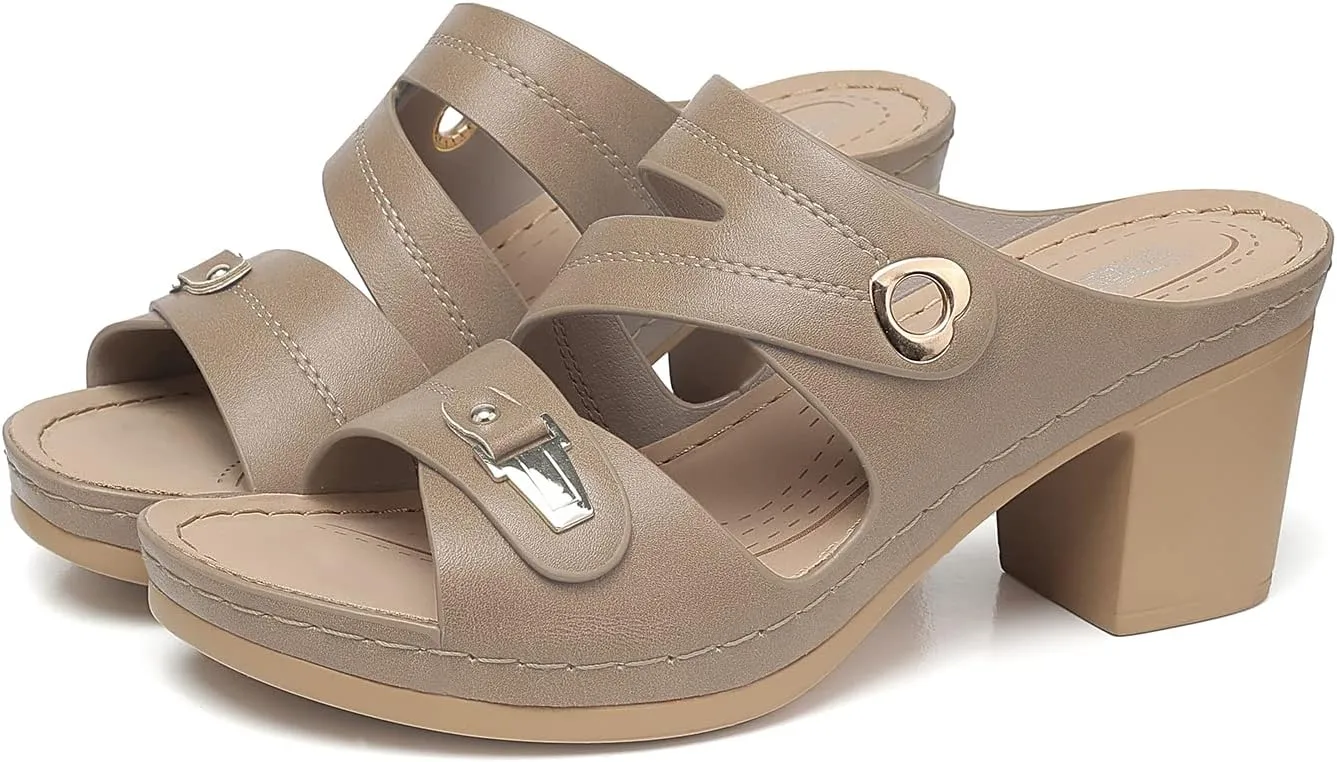 SHIBEVER Women's Summer Sandals, Low Wedge Block Heels, Comfortable PU Leather, Slip-On, Open Toe, Dressy & Casual